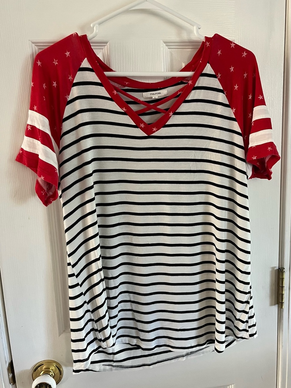 Maurices Black & White Striped V-Neck Top with Red Star Raglan Sleeves